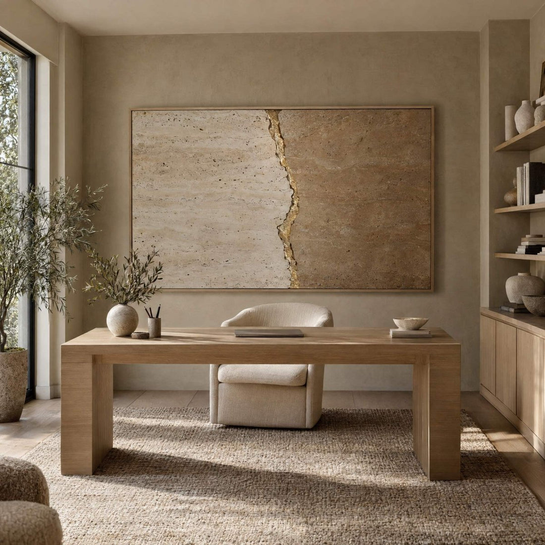 Travertine Wall Art – Oversized Cream and Gold Kintsugi Seam Textured Look Canvas for Living Room - Sense for Decor