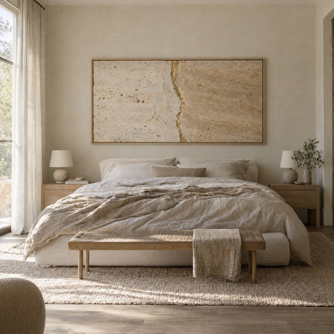 Travertine Wall Art – Oversized Cream and Gold Kintsugi Seam Textured Look Canvas for Living Room - Sense for Decor