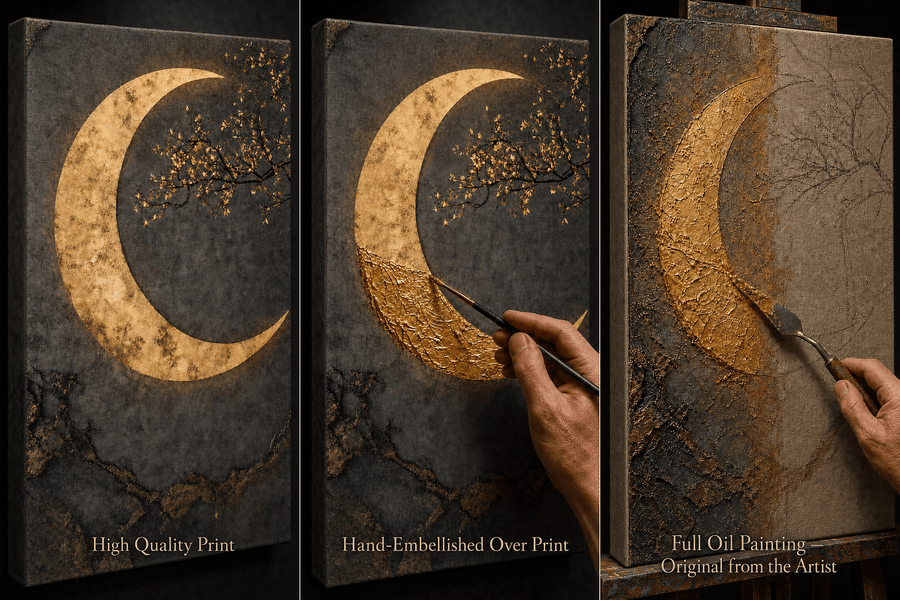 The same artwork shown three ways: as a high quality print, with gold hand-painted over the print, and as a full original oil painting being painted on bare linen