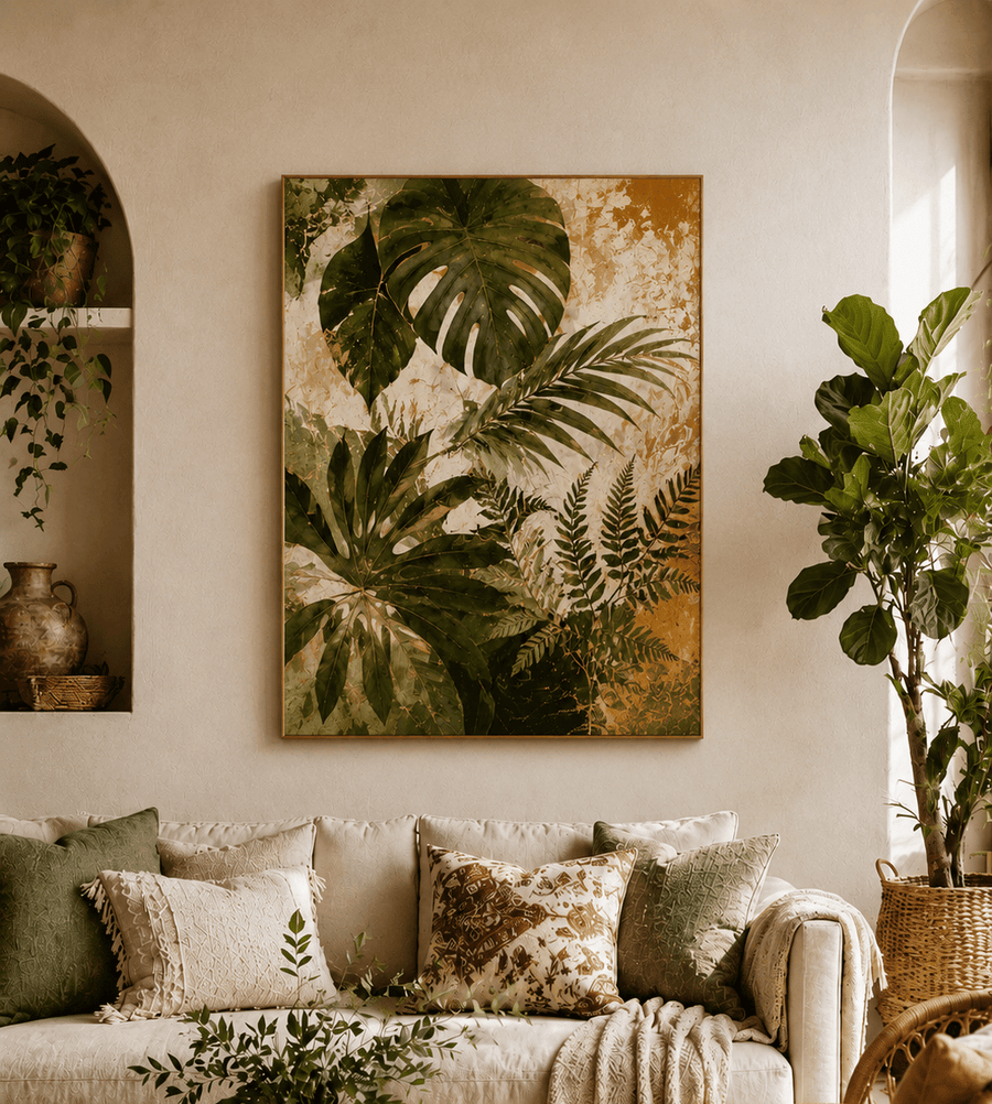 Tropical Botanical Wall Art Canvas Print – Neutral Monstera & Palm Leaf Living Room Decor - Sense for Decor