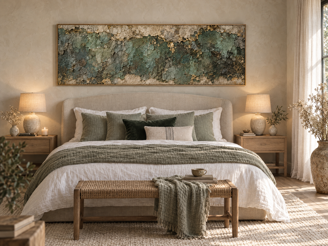 Verdigris green panoramic canvas above a bed with sage linen