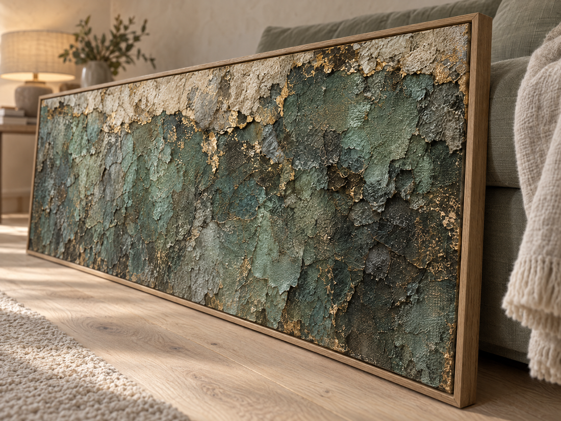 Close up of the flaking verdigris patina with gold breaking through