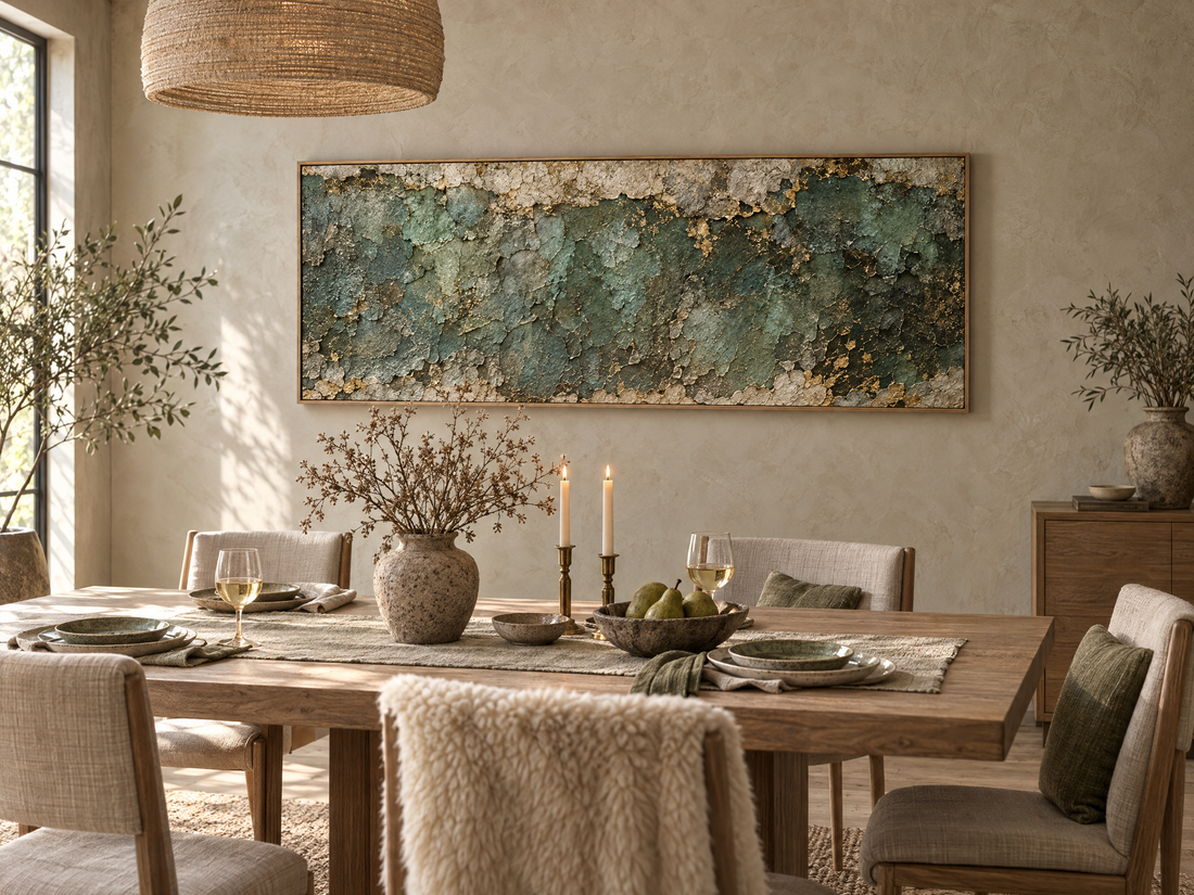Green and gold patina canvas above an oak dining table