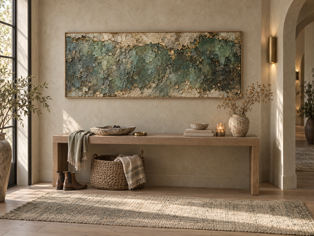 Wide verdigris canvas above a timber bench in a bright entryway