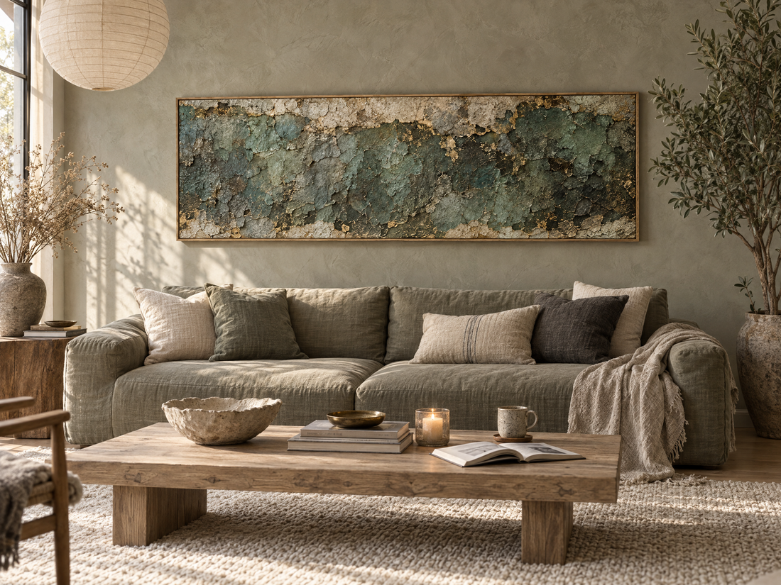 Green verdigris and gold canvas above an olive sofa in a living room