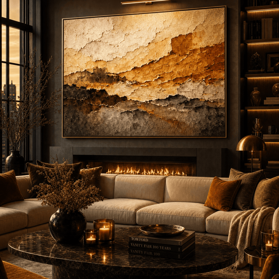 Warm Gold Abstract Wall Art | Hand-Embellished Textured Canvas | Earth Tone Large Statement Piece | Terracotta & Gold - Sense for Decor