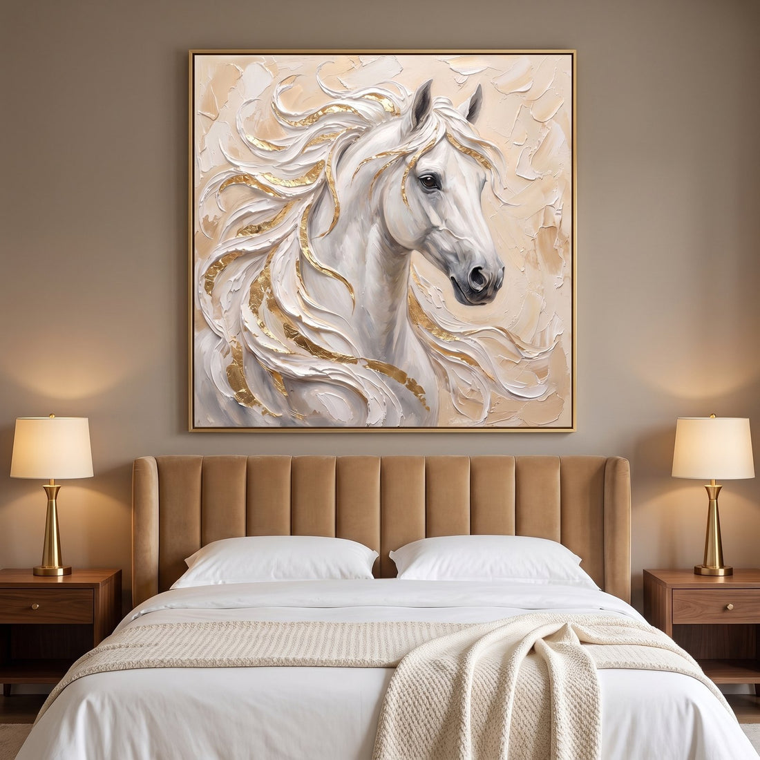 Cream and gold horse wall art above a camel velvet headboard