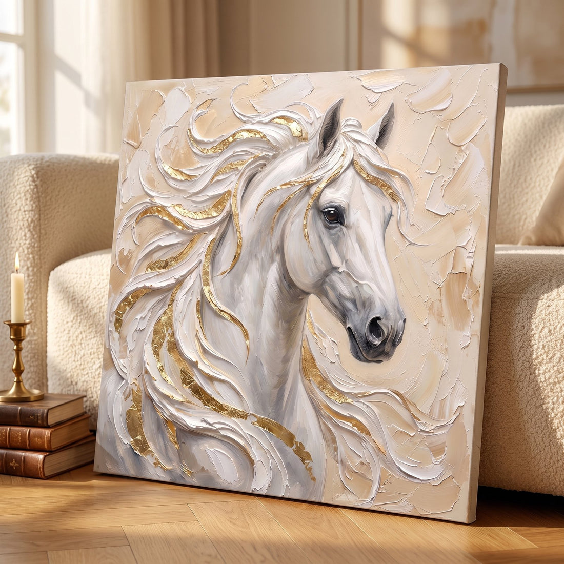 Close-up of the white horse canvas showing sculpted mane and gold leaf