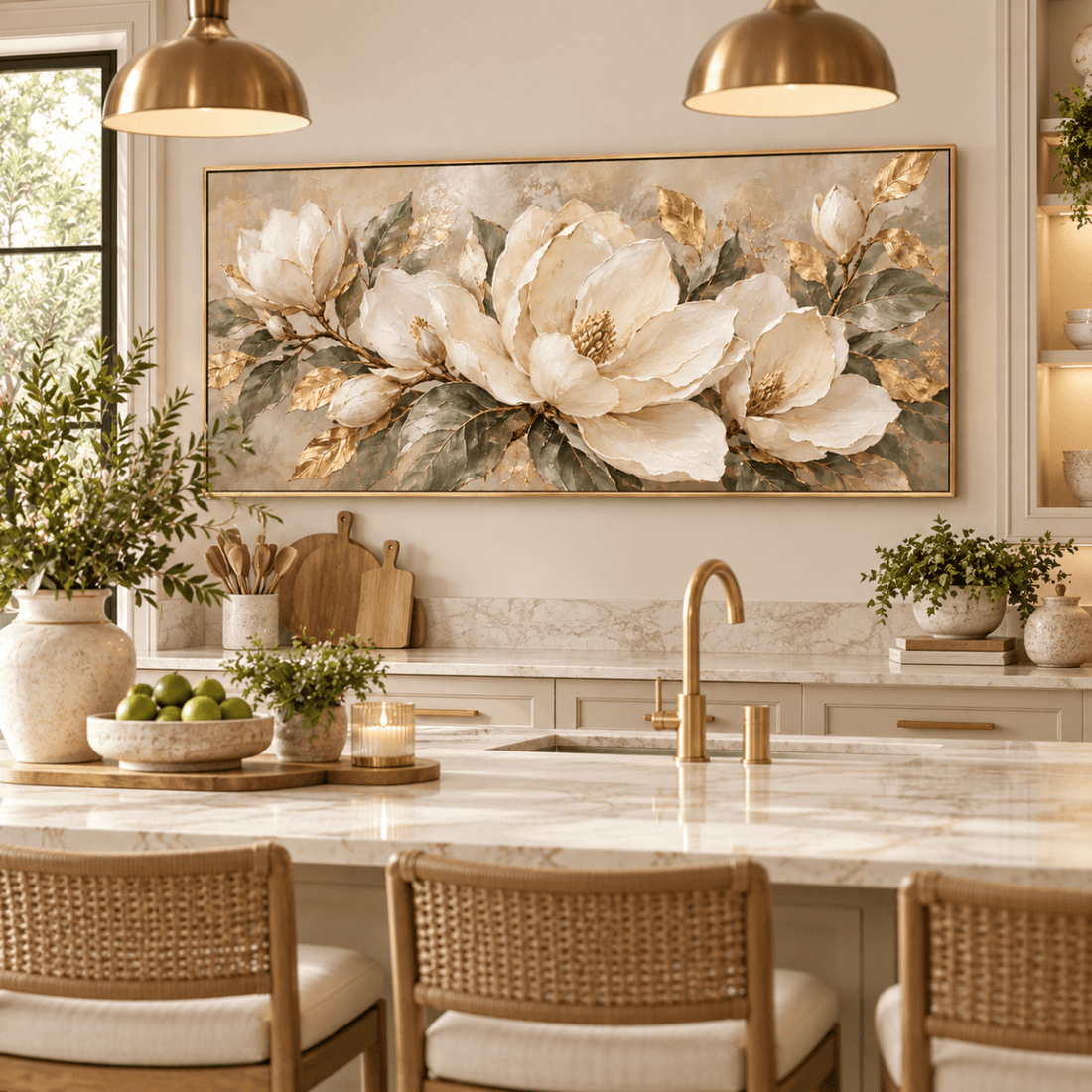 White Magnolia Wall Art – Oversized Panoramic Sage and Gold Leaf Textured Look Canvas for Living Room - Sense for Decor