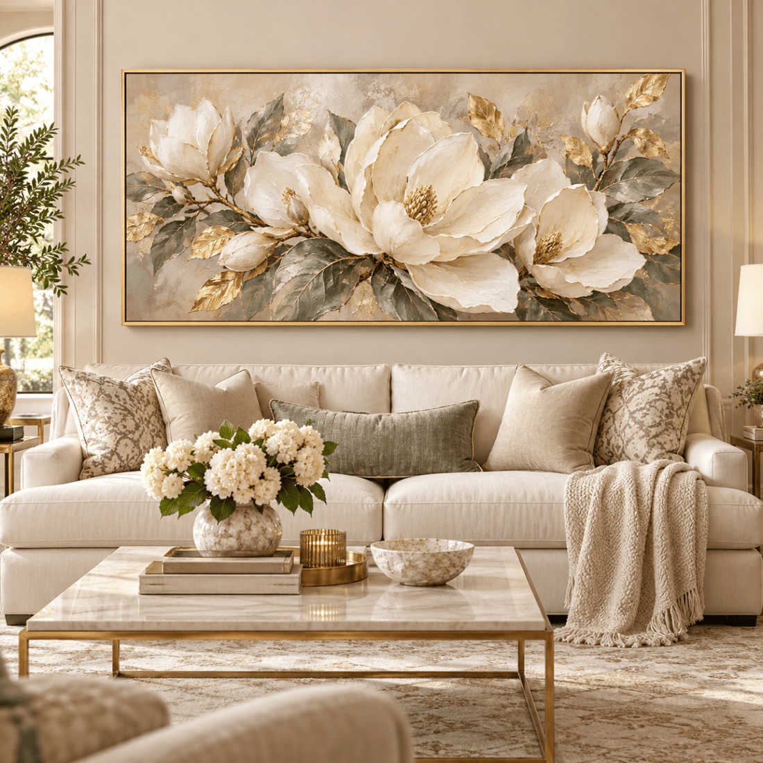 White Magnolia Wall Art – Oversized Panoramic Sage and Gold Leaf Textured Look Canvas for Living Room - Sense for Decor