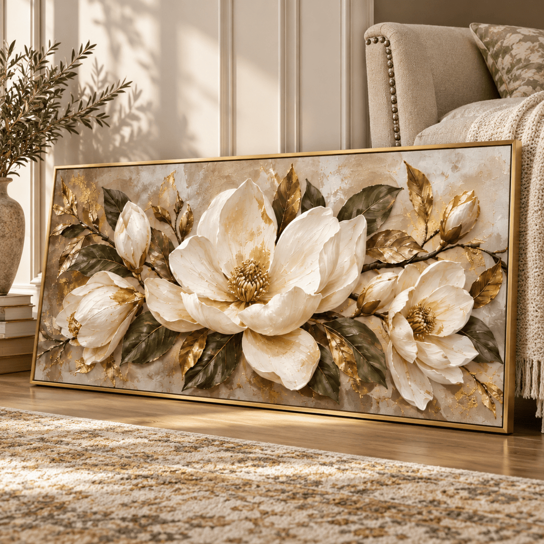 White Magnolia Wall Art – Oversized Panoramic Sage and Gold Leaf Textured Look Canvas for Living Room - Sense for Decor