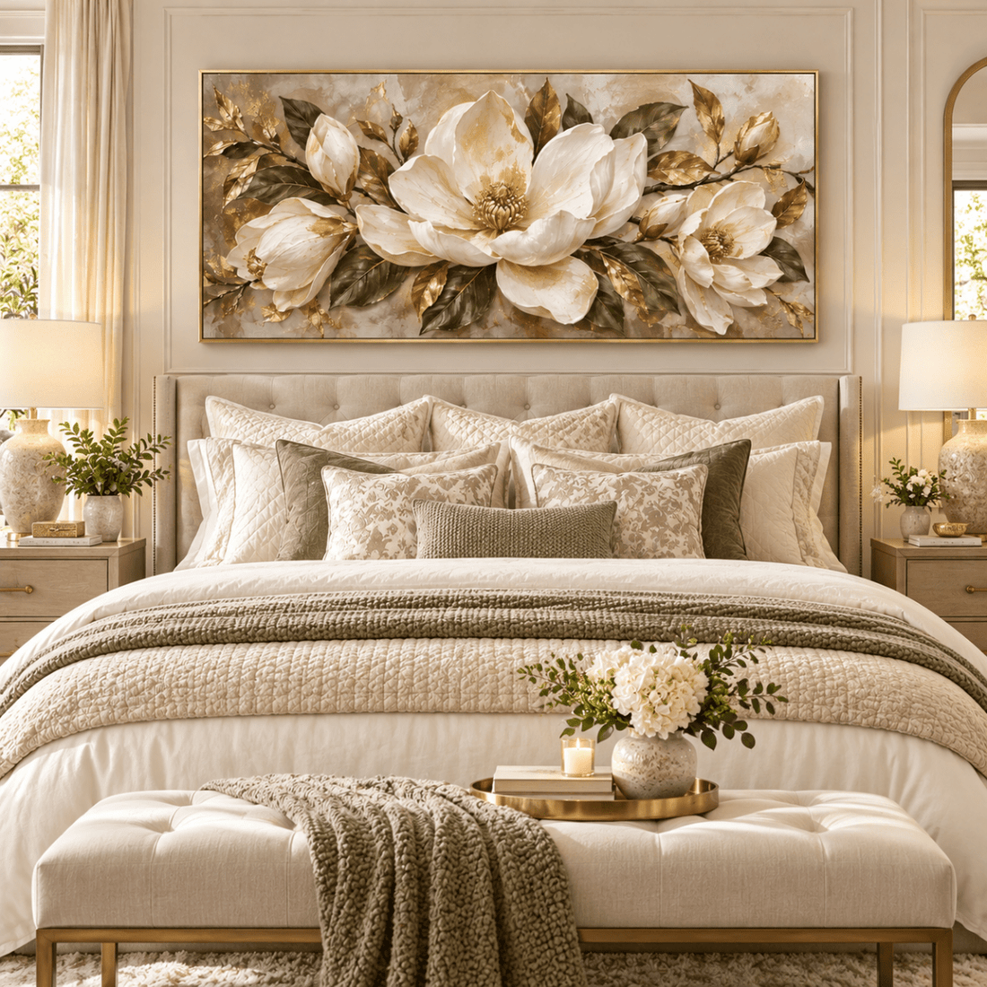 White Magnolia Wall Art – Oversized Panoramic Sage and Gold Leaf Textured Look Canvas for Living Room - Sense for Decor