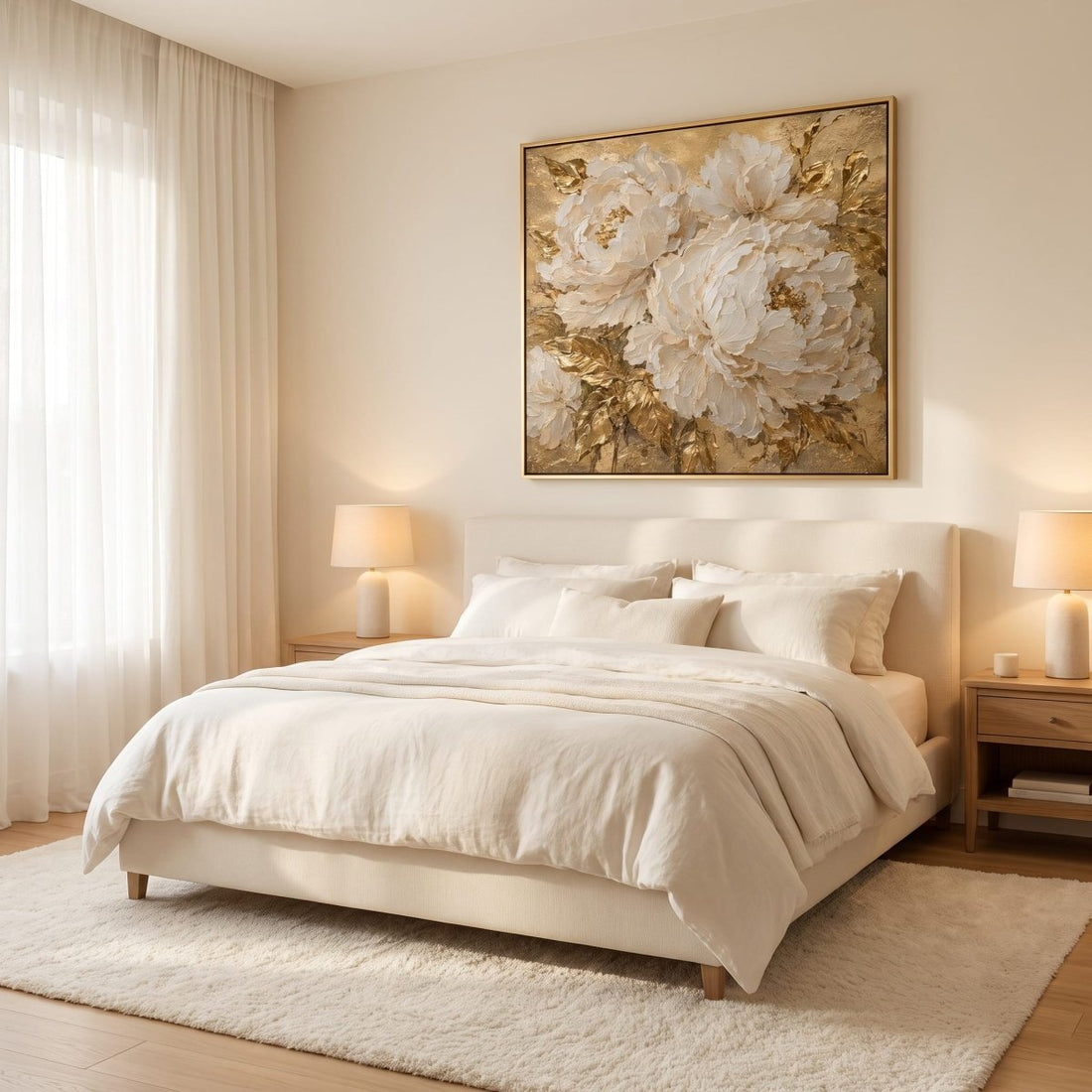 White Peony Wall Art – Oversized Cream and Gold Textured Look Canvas for Living Room - Sense for Decor