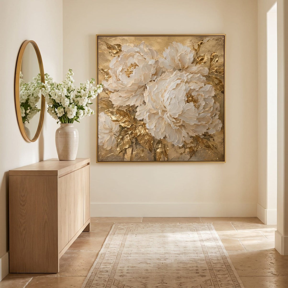 White Peony Wall Art – Oversized Cream and Gold Textured Look Canvas for Living Room - Sense for Decor