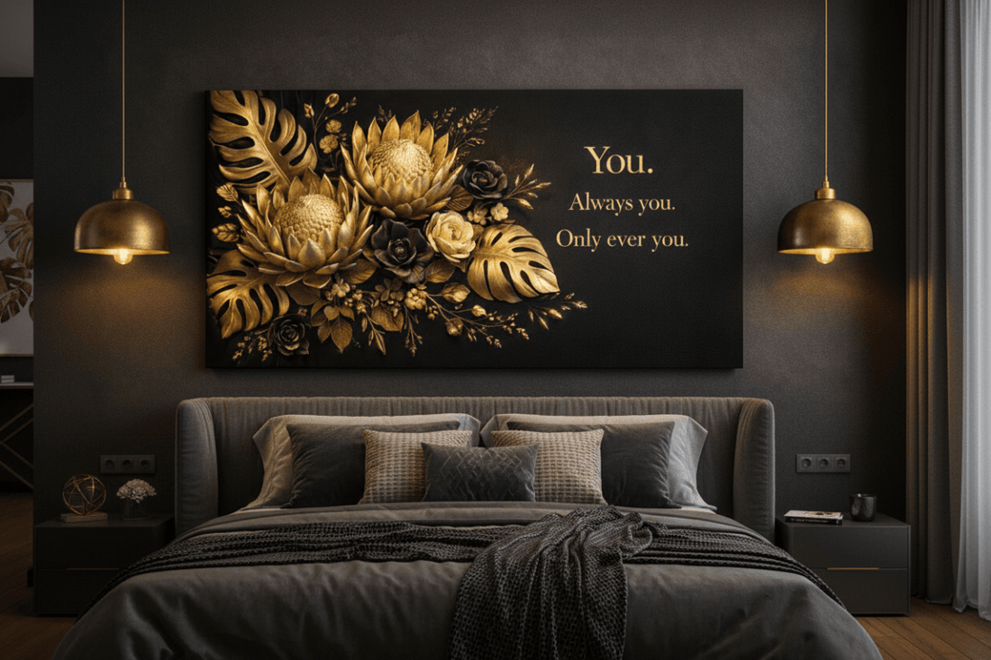 You Always You Only Ever You Wall Art - 3D Gold & Black Floral Canvas Print with Monstera Leaves - Sense for Decor
