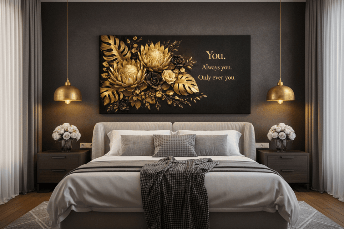 You Always You Only Ever You Wall Art - 3D Gold & Black Floral Canvas Print with Monstera Leaves - Sense for Decor