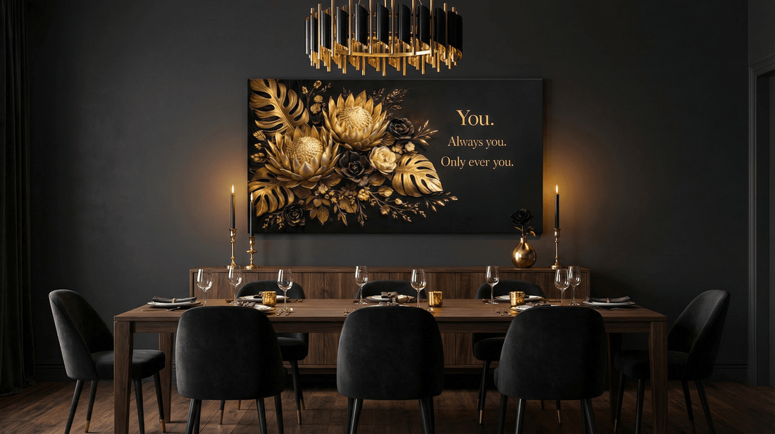 You Always You Only Ever You Wall Art - 3D Gold & Black Floral Canvas Print with Monstera Leaves - Sense for Decor