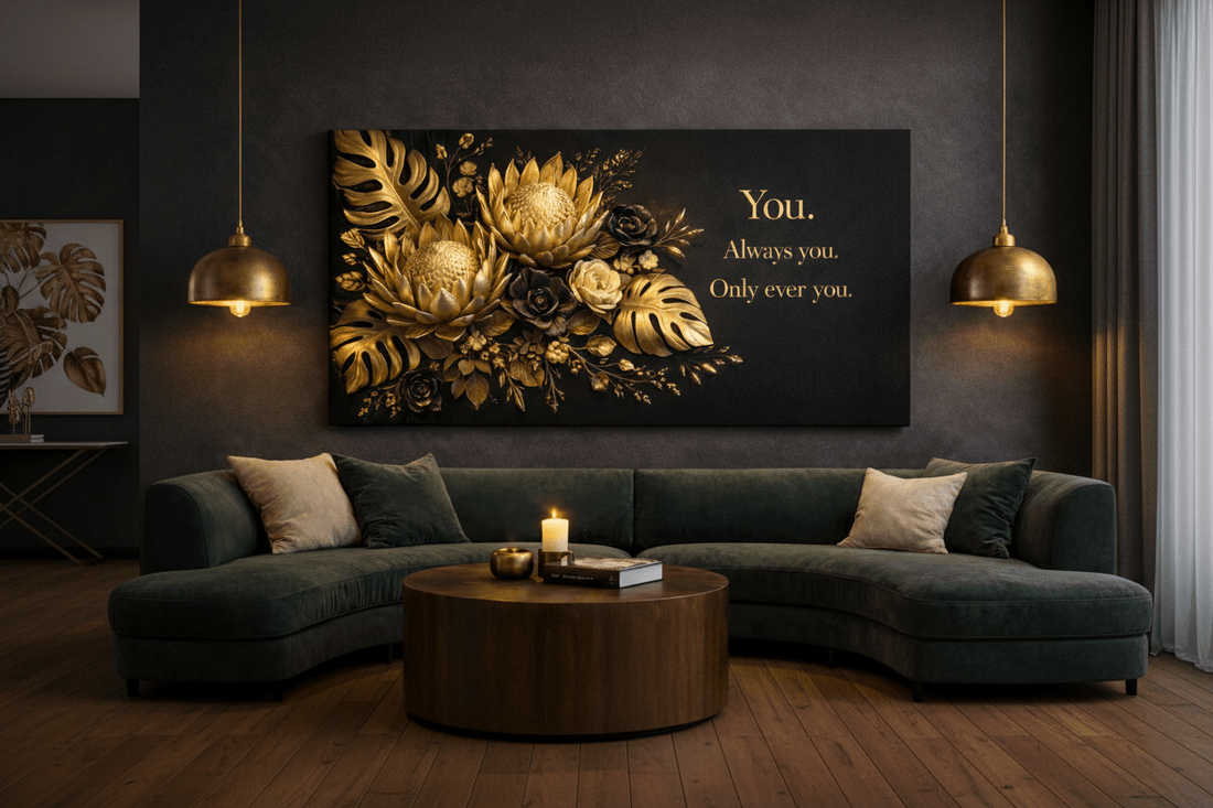 You Always You Only Ever You Wall Art - 3D Gold & Black Floral Canvas Print with Monstera Leaves - Sense for Decor
