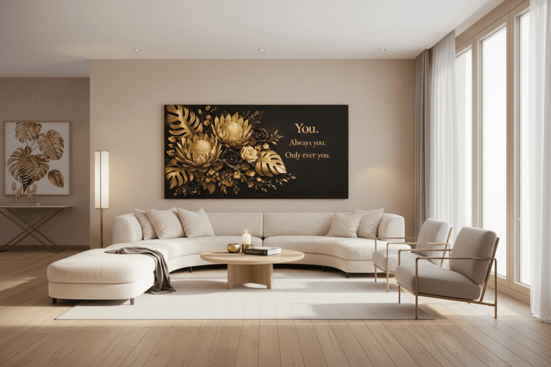 You Always You Only Ever You Wall Art - 3D Gold & Black Floral Canvas Print with Monstera Leaves - Sense for Decor