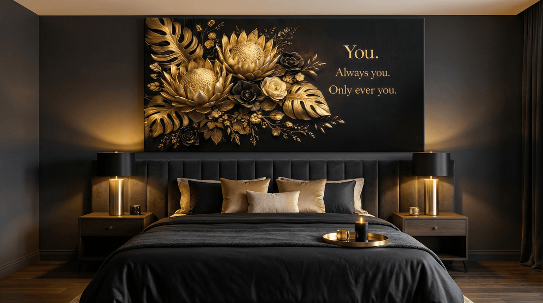 You Always You Only Ever You Wall Art - 3D Gold & Black Floral Canvas Print with Monstera Leaves - Sense for Decor