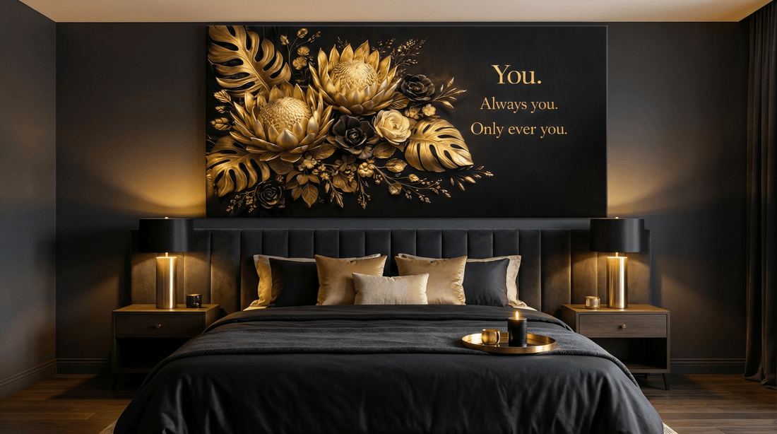 You Always You Only Ever You Wall Art - 3D Gold & Black Floral Canvas Print with Monstera Leaves - Sense for Decor