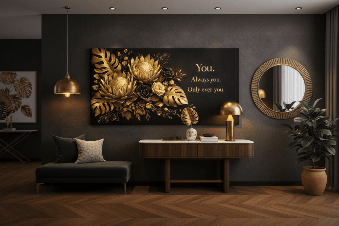 You Always You Only Ever You Wall Art - 3D Gold & Black Floral Canvas Print with Monstera Leaves - Sense for Decor
