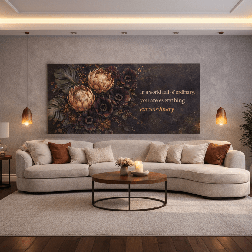 You Are Everything Extraordinary Wall Art - Moody Boho Protea Canvas Print with Deep Plum & Gold Tones - Sense for Decor