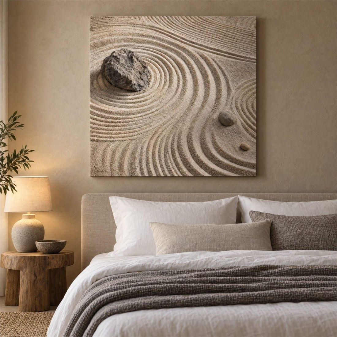 Zen Garden Wall Art – Oversized Beige and Sand Raked Stone Textured Look Canvas for Living Room - Sense for Decor