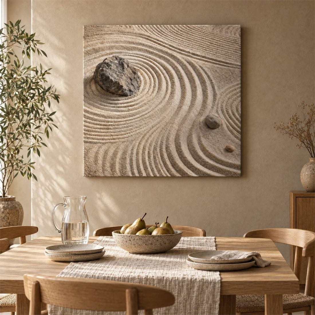 Zen Garden Wall Art – Oversized Beige and Sand Raked Stone Textured Look Canvas for Living Room - Sense for Decor