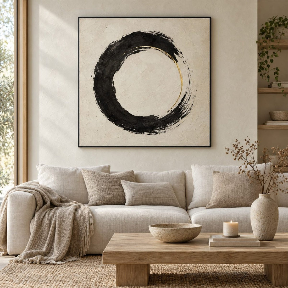 Zen Wall Art – Oversized Black and Cream Enso Circle Textured Look Canvas for Living Room - Sense for Decor