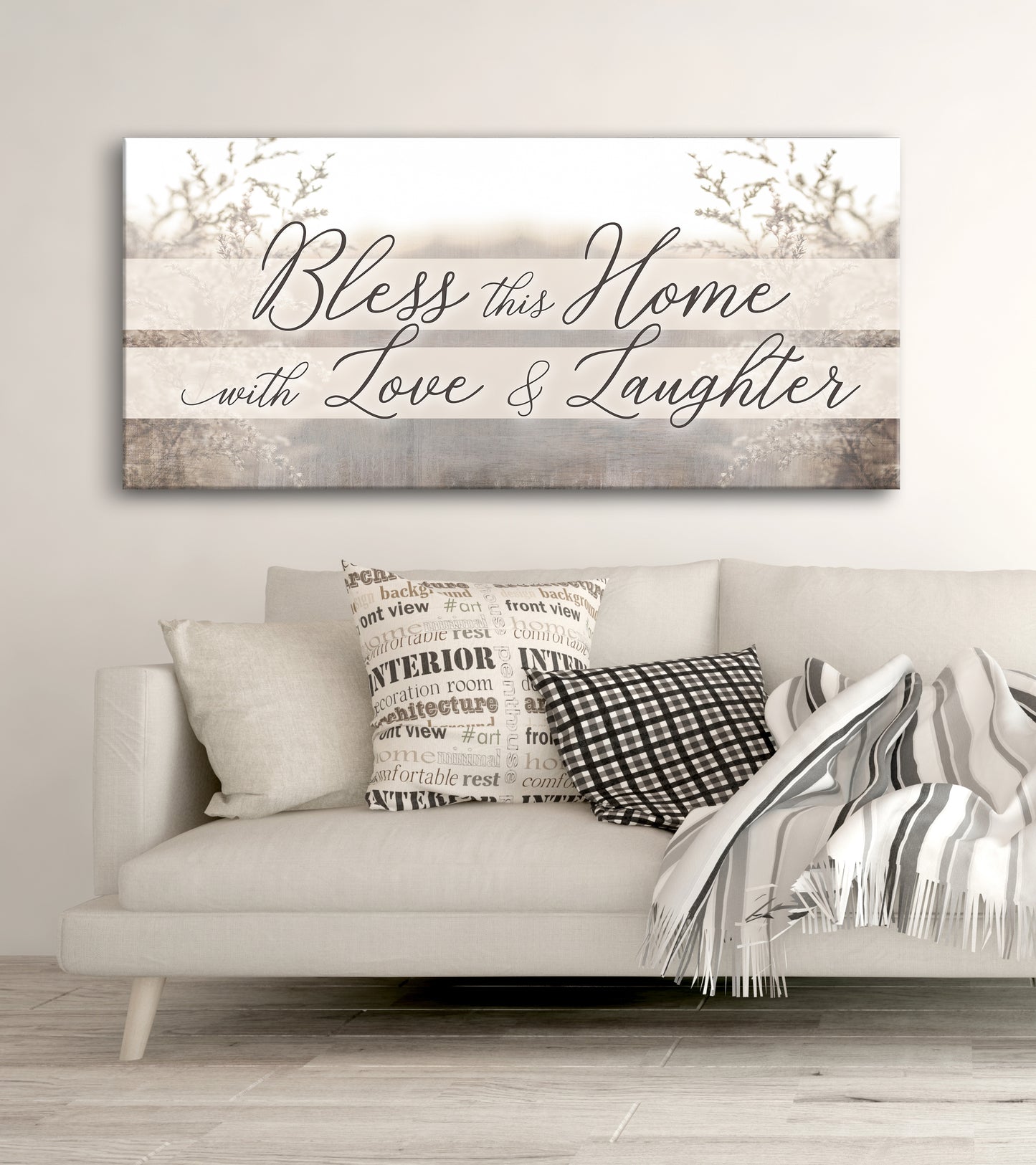 Home Wall Art: Bless This Home With Love And Laughter V4 (Wood Frame Ready To Hang)