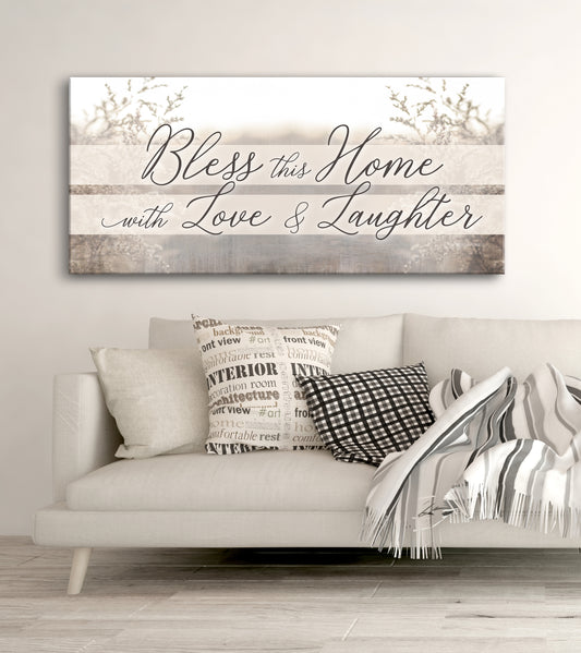 Home Wall Art: Bless This Home With Love And Laughter V4 (Wood Frame Ready To Hang)