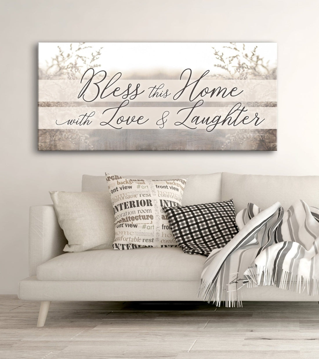 Home Wall Art: Bless This Home With Love And Laughter V4 (Wood Frame Ready To Hang) - Sense for Decor