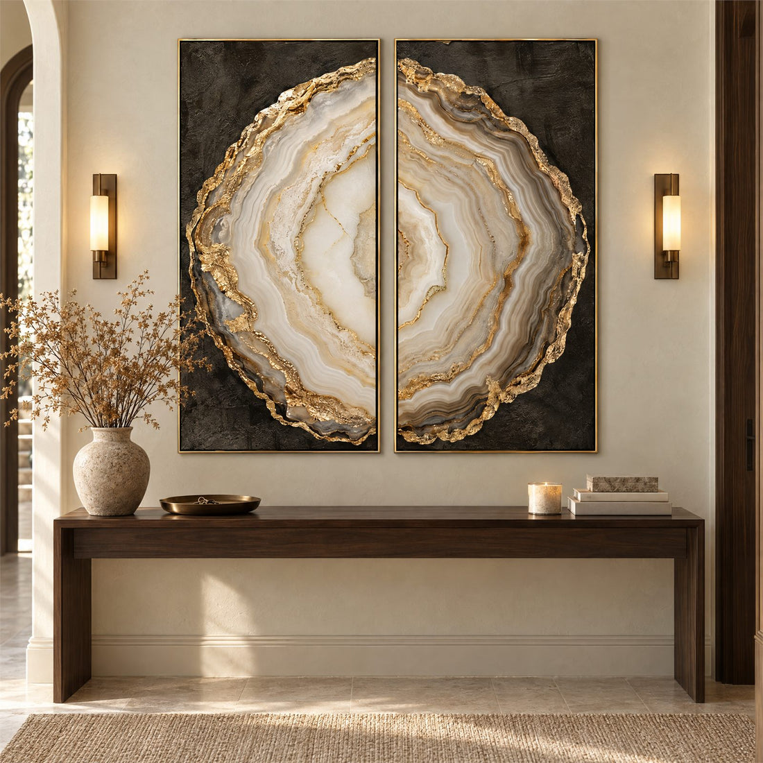 Agate geode diptych above a console table in an entryway