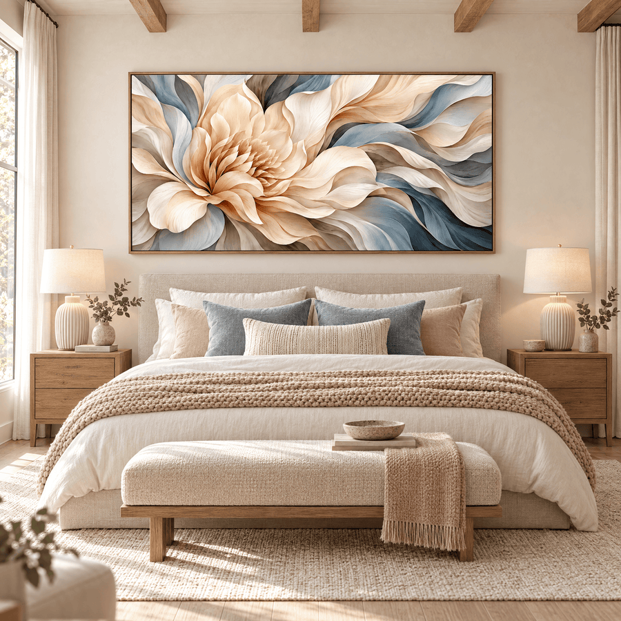 Alabaster Bloom panoramic floral canvas hanging above a bed in a neutral bedroom