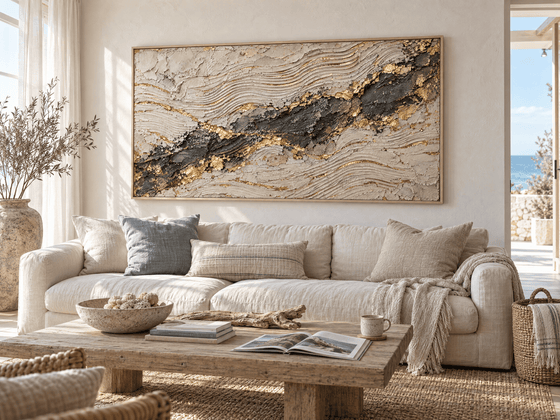 Cream and Gold Abstract Wall Art – Oversized Charcoal Seam Textured Look Canvas for Living Room
