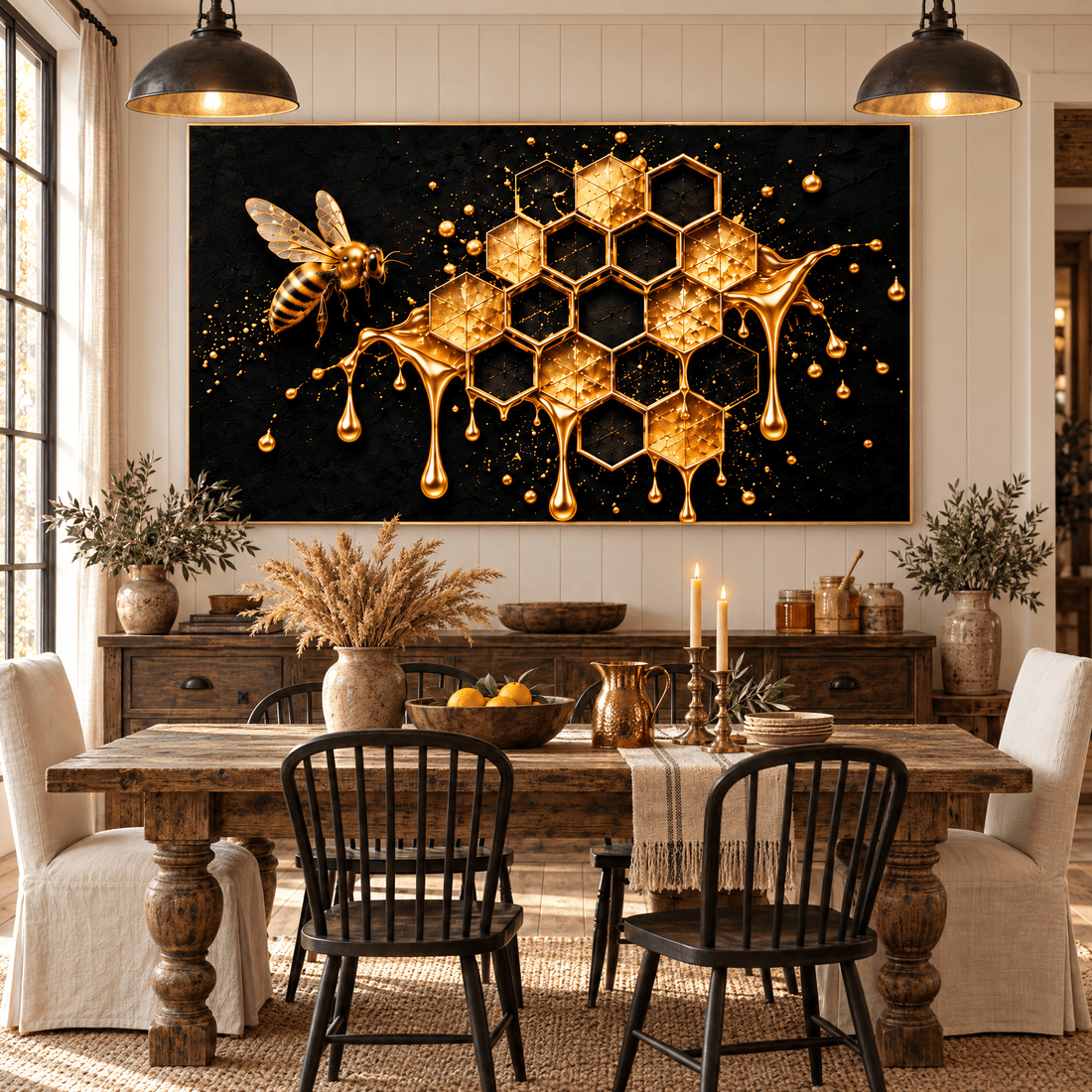 Black and gold honeycomb canvas above a sideboard in a rustic farmhouse dining room