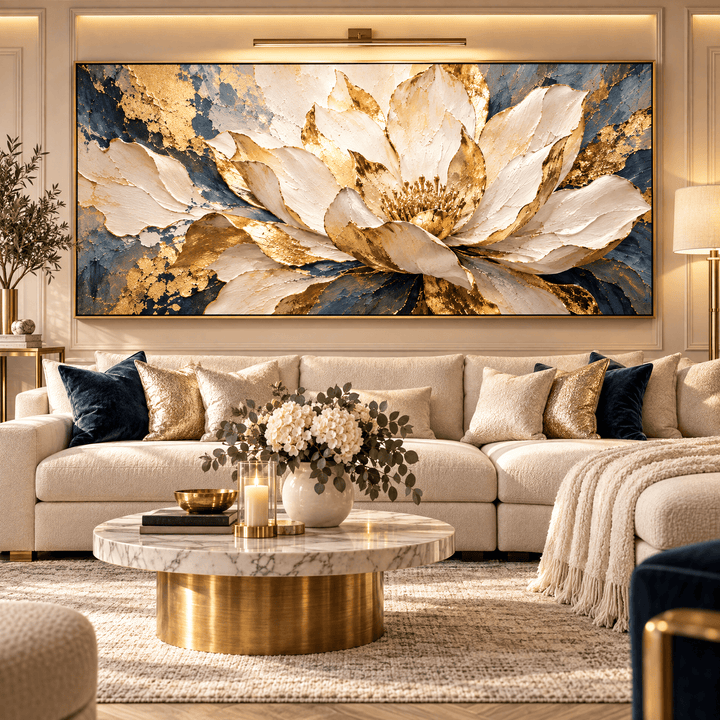 Oversized white and gold floral canvas in a grand living room with gold accents