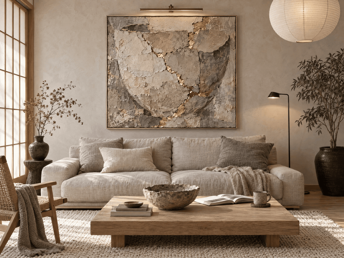 Kintsugi grey and gold cracked stone canvas above a linen sofa in a japandi living room