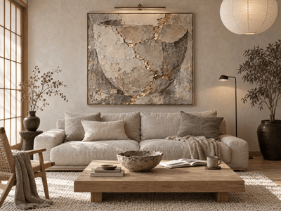 Kintsugi grey and gold cracked stone canvas above a linen sofa in a japandi living room