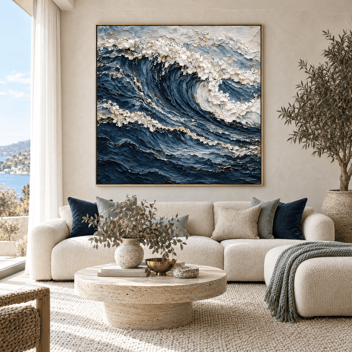 Navy blue and gold ocean wave wall art above a cream sofa in a coastal living room