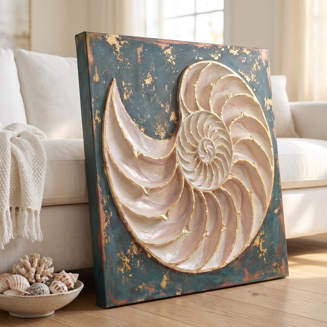 Close-up of the nautilus canvas showing the textured look and gold leaf detail