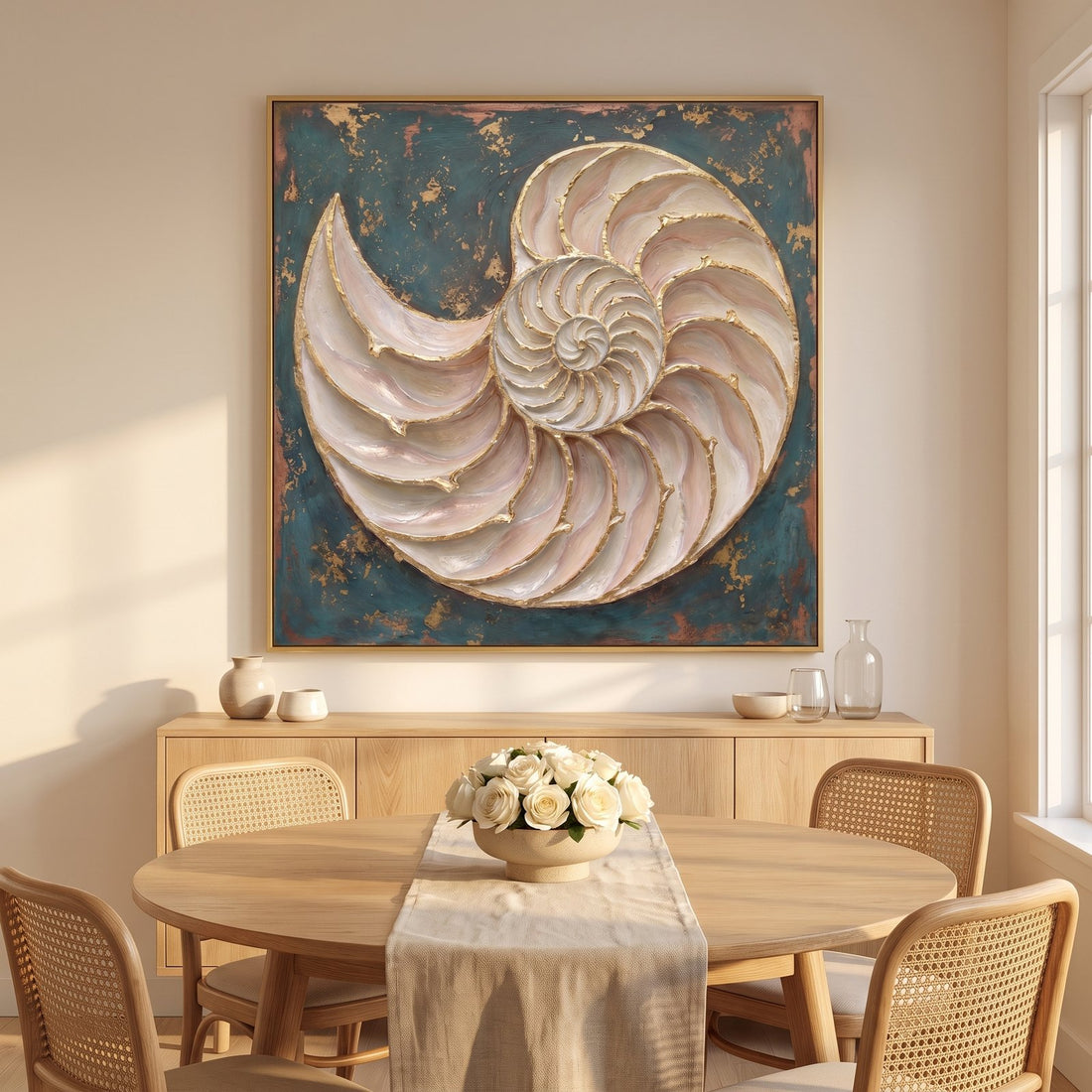 Nautilus shell canvas above an oak sideboard in a coastal dining room