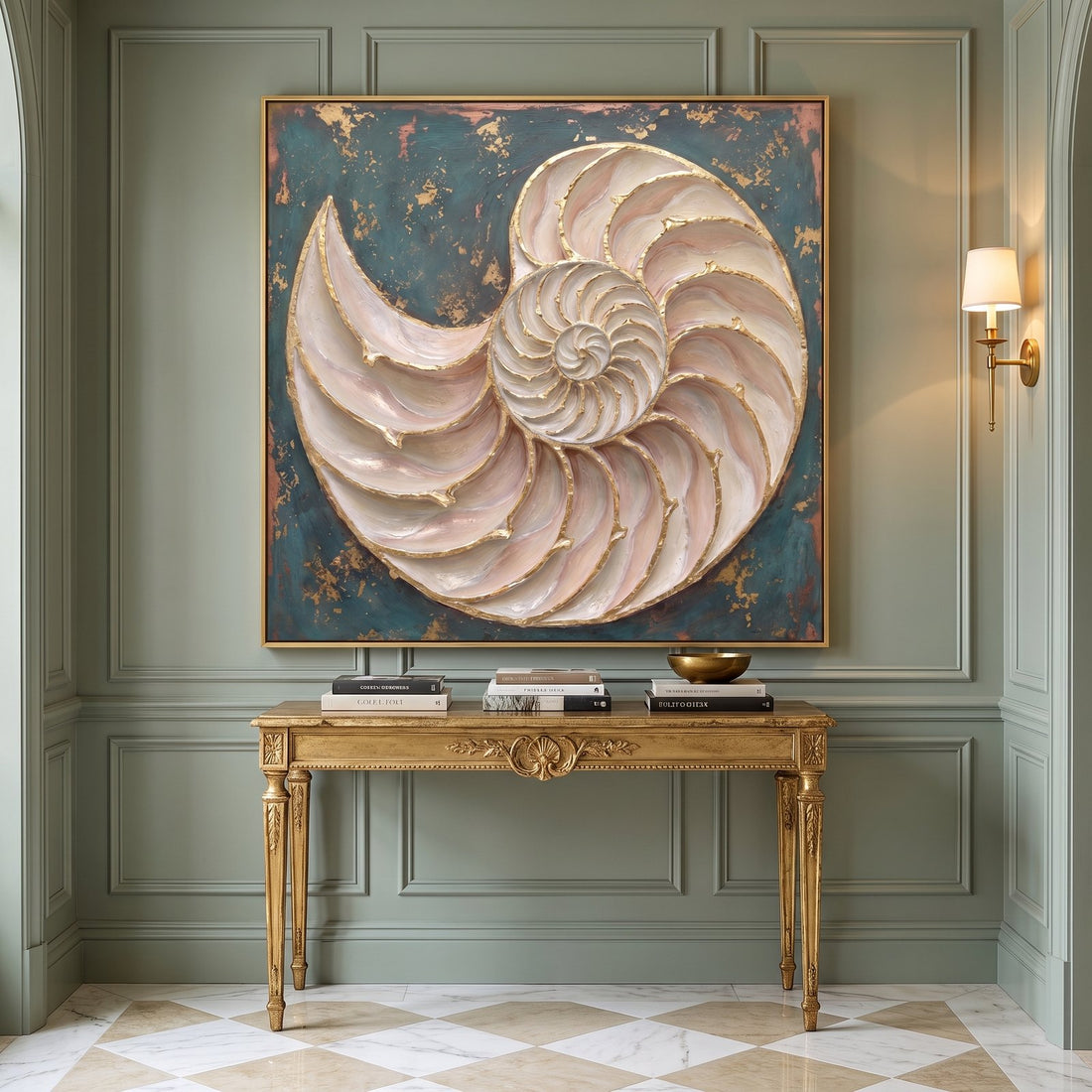 Nautilus canvas above a gilded console in a sage green entryway
