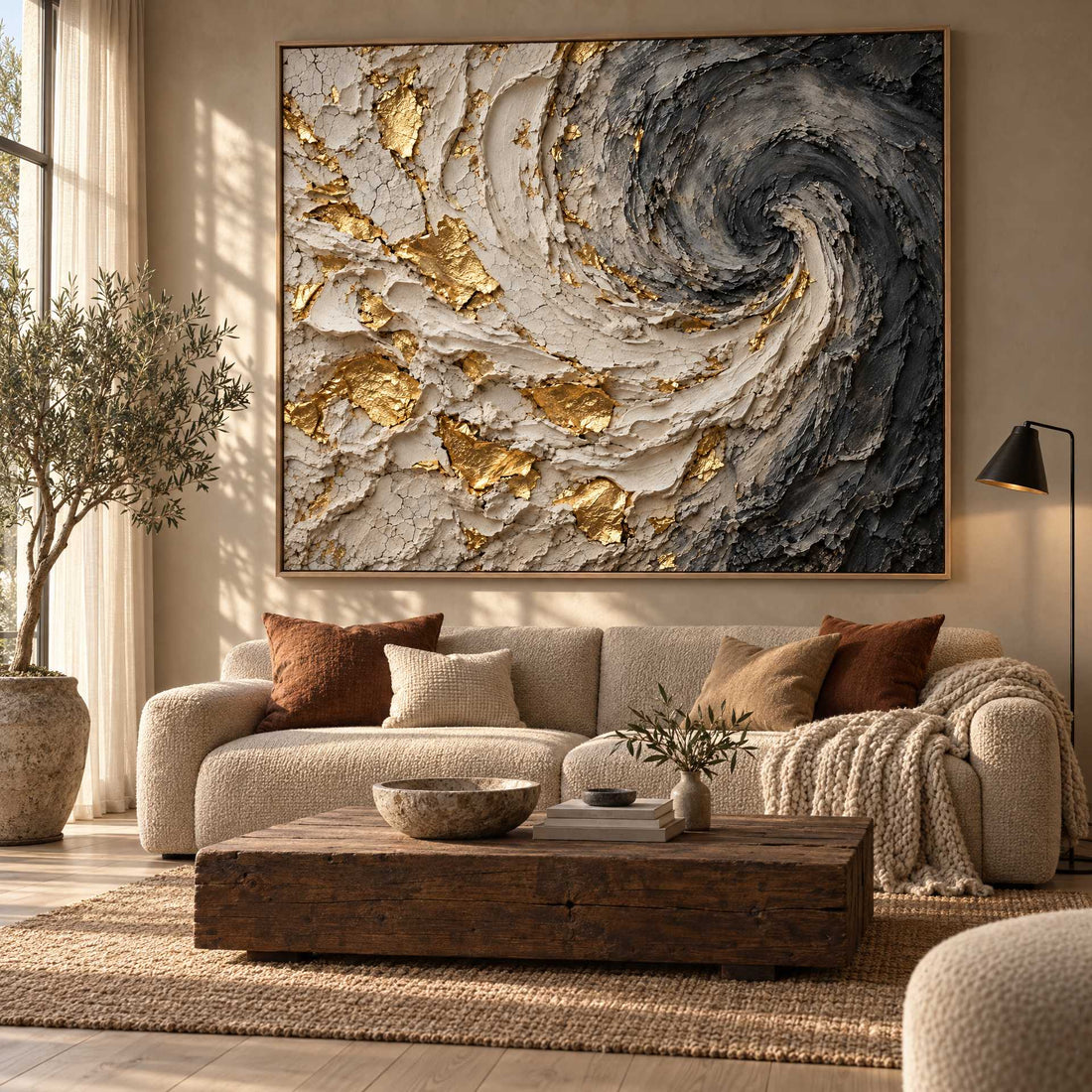Black and Gold Swirl Wall Art – Oversized Charcoal and Cream Textured Look Canvas for Living Room