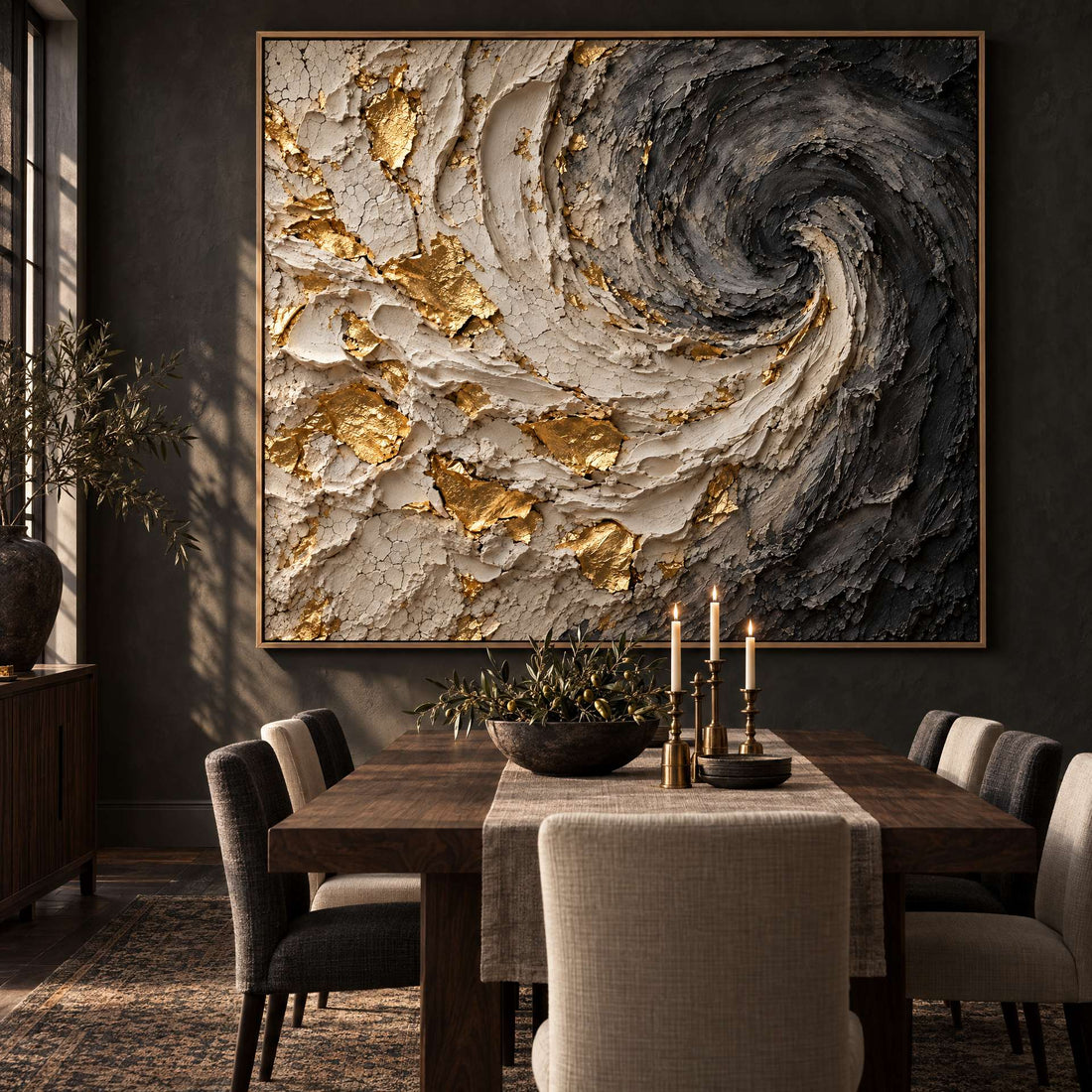 Black and Gold Swirl Wall Art – Oversized Charcoal and Cream Textured Look Canvas for Living Room