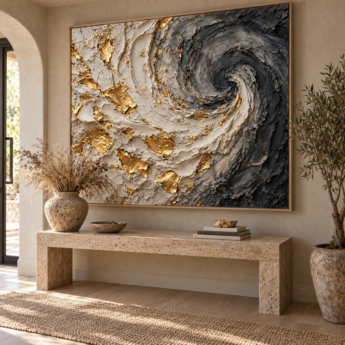 Black and Gold Swirl Wall Art – Oversized Charcoal and Cream Textured Look Canvas for Living Room