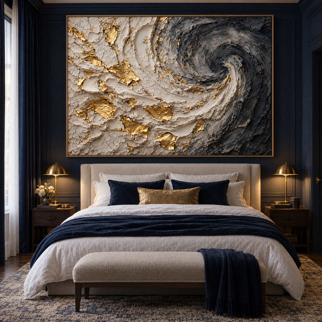 Black and Gold Swirl Wall Art – Oversized Charcoal and Cream Textured Look Canvas for Living Room