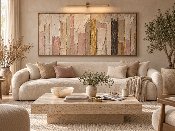 Blush and Gold Abstract Wall Art – Oversized Cream Panoramic Textured Look Canvas for Living Room