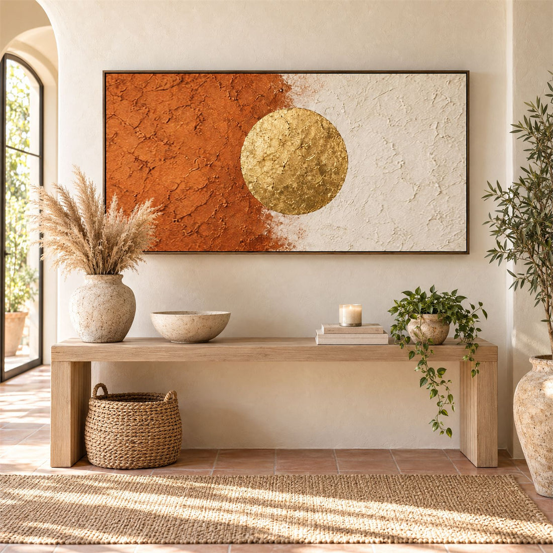 Rust and gold panoramic canvas above a console table in an entryway